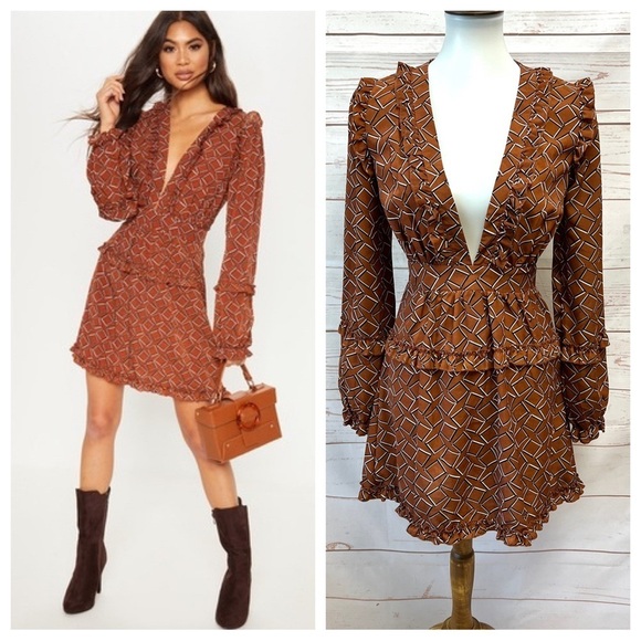 NWT Brown Geo Print Frill Detail Skater Dress - Picture 1 of 8